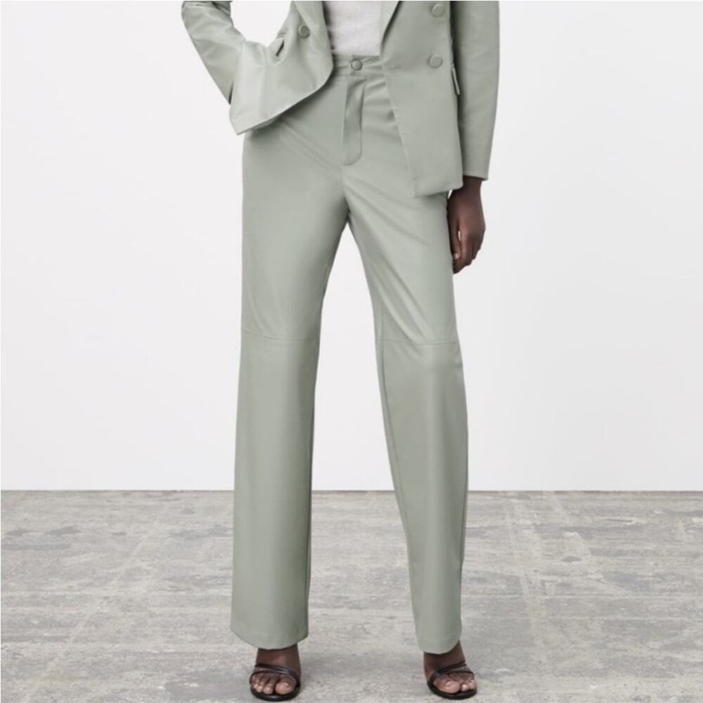 Zara Sage Green Faux Leather Wide Leg Pants Size Medium